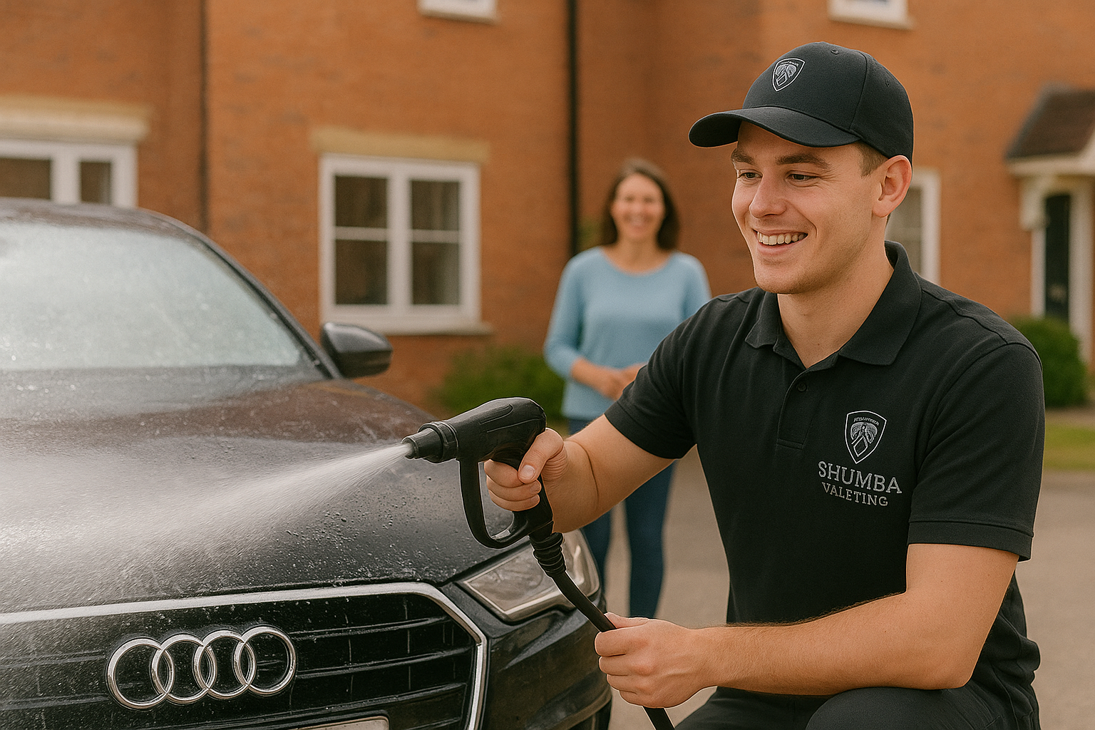 Valetor wearing uniform cleaning a audi while client looks in the background smiling
