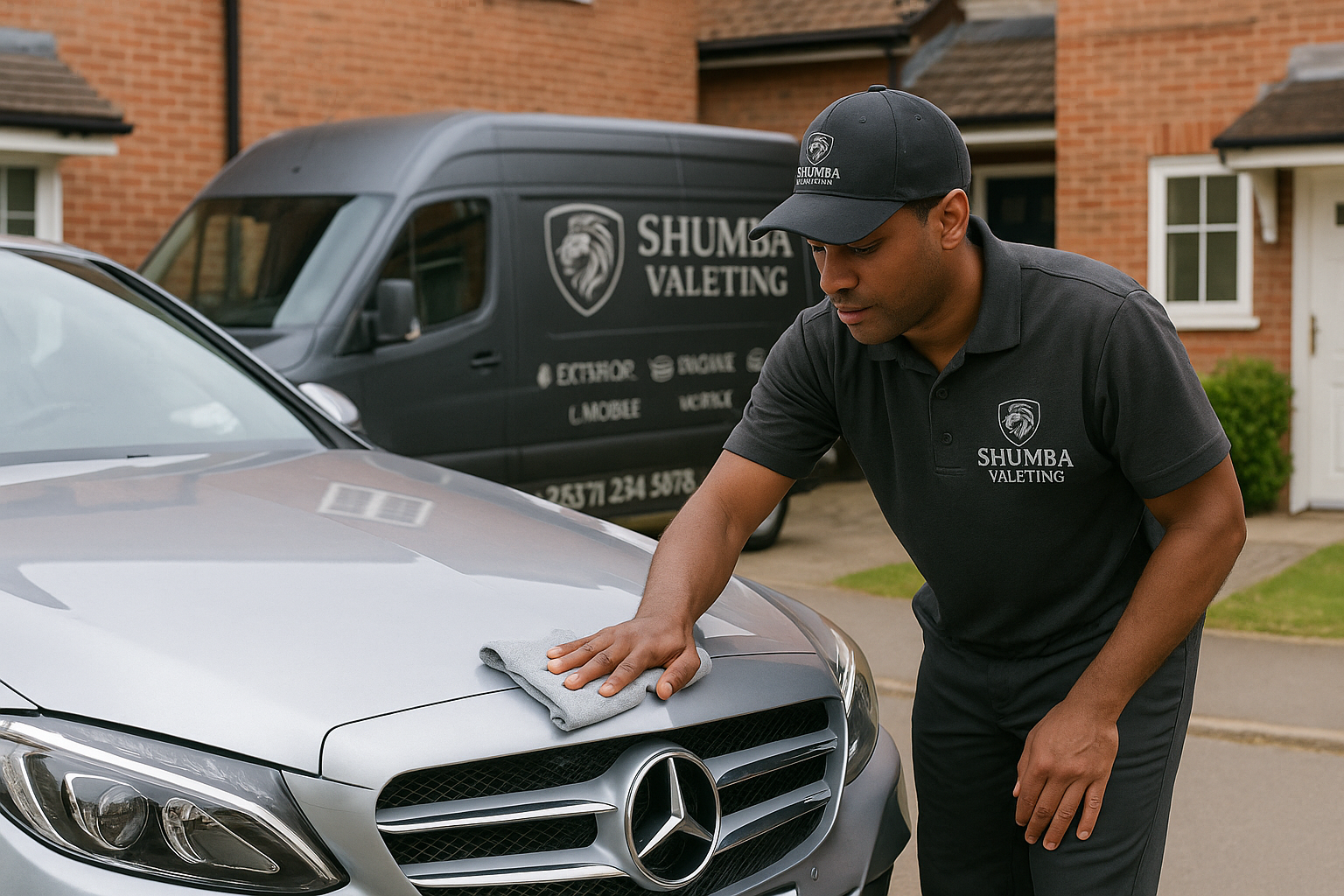 Valetor wearing uniform cleaning a mercedes outside a residential property with his van in the background